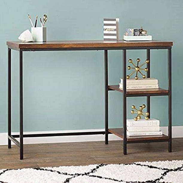 Worldwood Iron Frame Solid Wood Study Table for Students Office Desk Furniture Computer Table with 2 Storage Shelf for Living Room Study Room (Black) Solid Wood Study Table