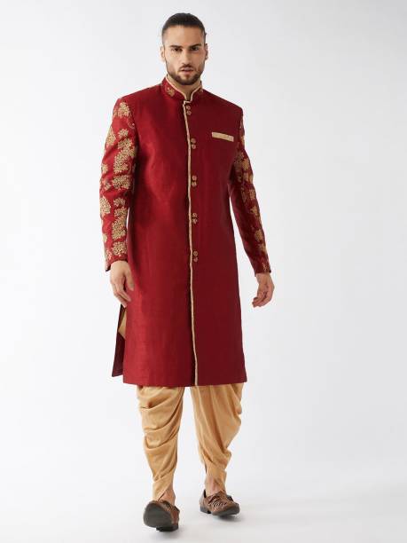 VM VM by Vastramay Men's Maroon Silk Blend Sherwani Only Top Embroidered Sherwani
