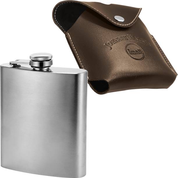 JMALL ™ Leather Coated Cover Brown Color With Stainless Steel Hip Flask Pocket Size | All types Drink Storage Bottle | ( 236 ml / 8 oz ) Stainless Steel Hip Flask