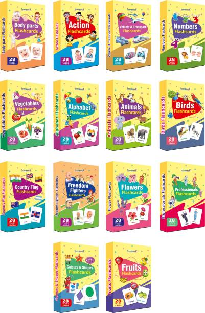 gurukanth Alphabets, Fruits, vegetables, Colors and Shapes, Birds, Animals, Professions, Numbers, Body Parts, Actions, Vehicles, World Country Flags, Freedom Fighters, Flowers Flash Cards Early Learning Flash Cards For Kids Easy & Fun way of Learning-2yr-8yr Kids (Set of 14 - Combo pack - 392 Flash Cards)