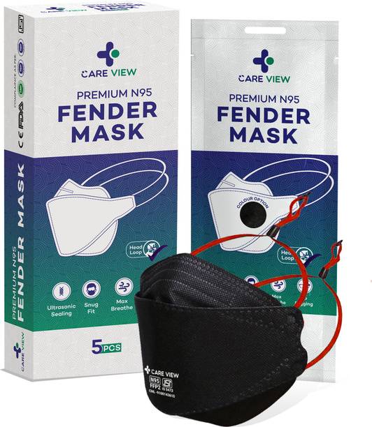 Care View Anti Pollution Fender Premium N95 Mask, Head Loop Style (Pack of 5, Black), Protective Fold Flat N95 Mask with 6 Layers Filtration, Certified by DRDO & ISI (BIS) Headloop Fender Mask