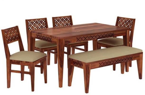 Wood Print Sheesham Dining Set With Bench and 6 Chair DIY(Do-It-Yourself) Solid Wood 6 Seater Dining Set