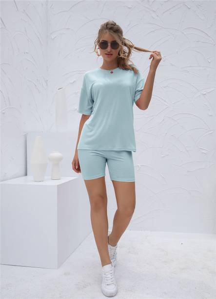 Urbanic Simplicity Short Two-Piece Outfits Women Solid Blue Top & Shorts Set