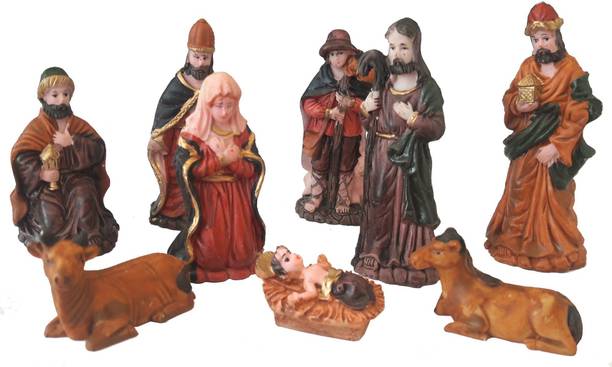 SK Craft SK Craft 9 Piece Christmas Nativity Crib Set Decoration Baby Jesus-3.5 Inches (Medium Size), Christmas Crib Nativity Set, Crib Christmas Separate Pieces 12 cm Pack of 9