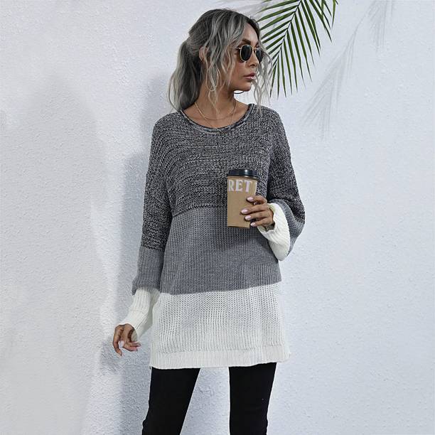 Urbanic Colorblock Round Neck Casual Women Grey Sweater