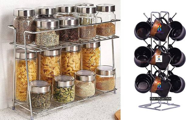 CR18 COLLECTION Dish Drainer Kitchen Rack Steel CR18 COLLECTION COMBO Spice Rack Stainless Steel 2 Layer Corner Rack Shelf & Big Size Kitchens Stainless Steel V Shape Cup Stand Pieces Coffee & Tea Mug Holder | 12 Hooks for Cups & Mugs (Combo)