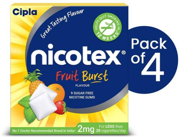 Cipla Nicotex Nicotine Sugar Free Fruit Burst Gums 2mg | Helps to Quit Smoking | WHO - Approved Therapy | 9 Gums Each Pack | Smoking Cessations