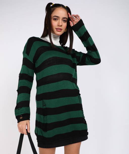 Urbanic Striped V Neck Casual Women Green Sweater