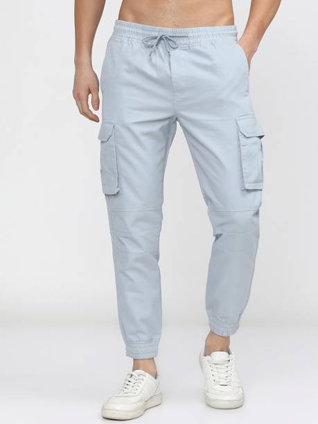 Men Tapered Light Blue Cotton Blend Trousers