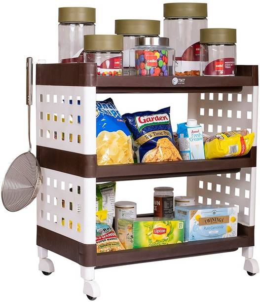 TNT Lexi 3 Tier (Brown) Multi-Purpose Storage Organizer Rack for Home, Bathroom, Living Room, Office, Bedroom with Wheels Plastic Kitchen Cabinet