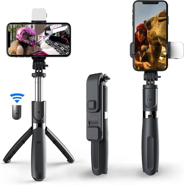 Hold up HOLD UP Selfie Stick with Led Fill Light 104cm Extendable Selfie Stick Wireless Remote and Big selfie stick with Tripod, Portable, Lightweight, Rechargeable Dimmable Selfie Light for Live Streaming & Makeup, YouTube Video, Photography Compatible with iPhone and Android Smartphone Bluetooth Selfie Stick