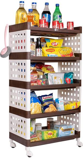 TNT Lexi 5 Tier (Brown) Multi-Purpose Storage Organizer Rack for Home, Bathroom, Living Room, Office, Bedroom with Wheels Plastic Kitchen Cabinet