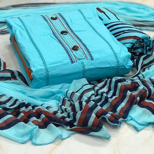 Unstitched Cotton Blend Salwar Suit Material Embroidered, Striped