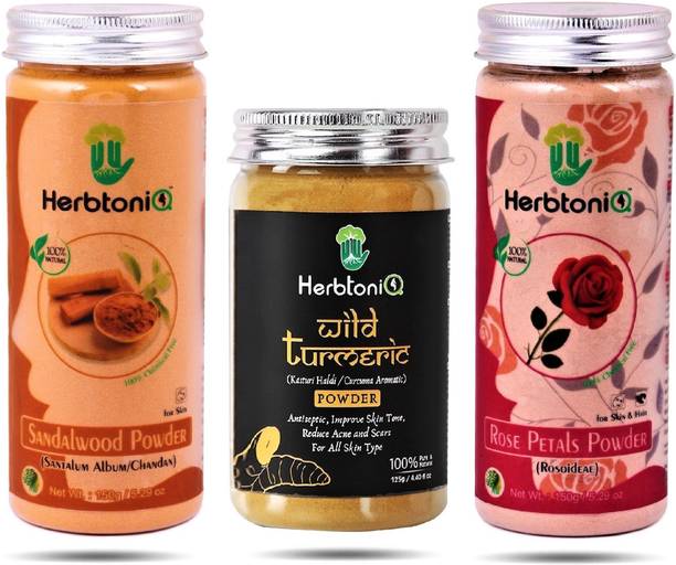 HerbtoniQ 100% Natural Sandalwood(Santalum Album/chandan), Wild Turmeric(Kasturi Haldi) and Rose Petals Powder For Face Pack