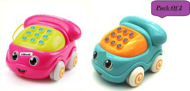 vworld Amzing Friction Powered Pull Along Musical Telephone Car Toy for Kids , Electronic Music Multi-Functional Cell Phone Car Toy , MultiColors(Pack Of 2)