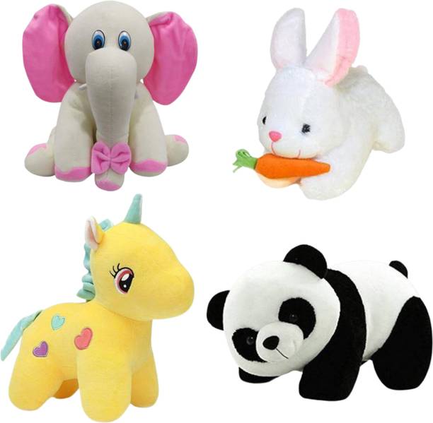 Toyhaven Exclusive combo pack of 4 super soft lovely stuffed toys for kids/ sitting elephant, unicorn , rabbit and panda/ for home decoration and birthdays  - 25 cm