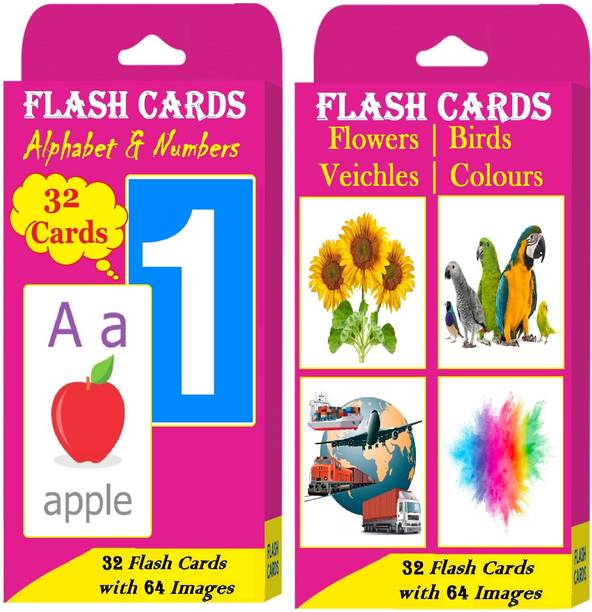 SA Flash Cards for Kids | 64 Flash Cards & 128 Images - Early Learning Flash Cards of English Alphabet, Numbers, Flowers, Vehicles, Colours & Birds