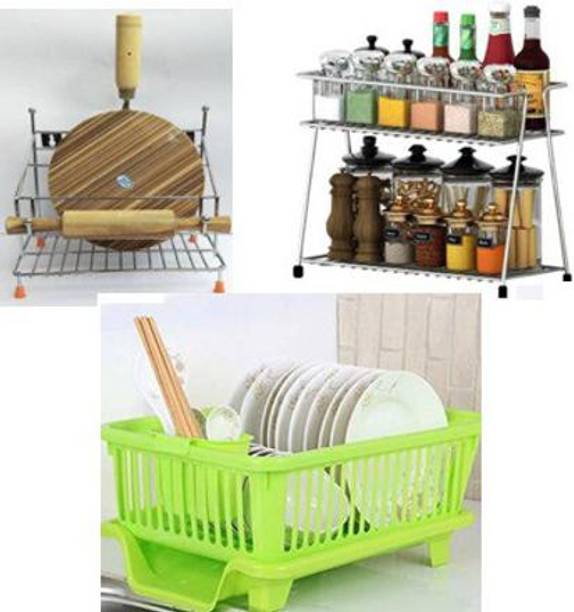 Somkala Containers Kitchen Rack Plastic, Steel Present a combo pack of 3 In 1 Drain Basket with Utensil Holder And Tray Dish Drainer + Stainless Steel 2-Tier Spice Rack Container Organizer/Basket for Boxes Utensils Dishes Plates for Home and Kitchen & Stainless Steel 4 in 1 Chakla/ Belan / Tawa / Chimta Stand Chakla / Belan.