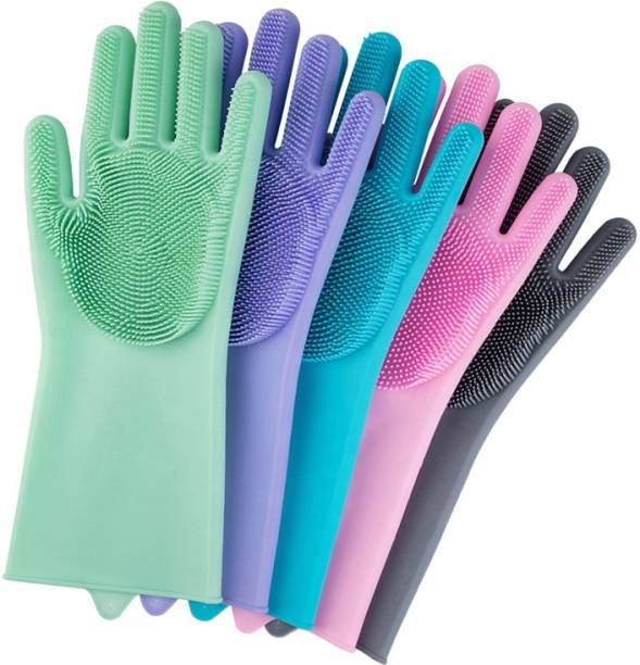 Qozent Hand Gloves For Kitchen Dish Washing Combo- Reusable Rubber Silicon Household Safety Wash Scrubber Heat Resistant Kitchen Gloves for Dish washing, Cleaning, Gardening Wet and Dry Glove hand gloves for kitchen (Multicolour, 1 Pair, free size) Dry Disposable Glove