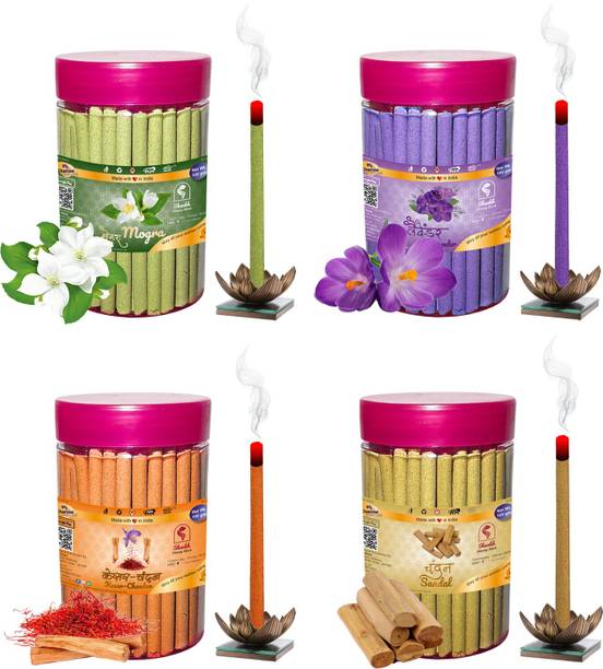 Shankh Mogra, Lavender, Kesar Chandan & Sandal (Chandan) Dhoop Stick (Incense Stick) Pack of 400 gram (100 + 100 + 100 + 100) Fragrances Mogra, Lavender, Kesar Chandan, Sandal (Chandan)