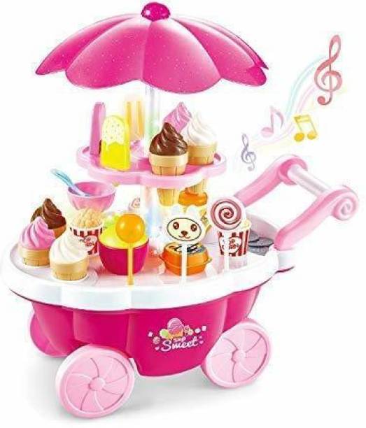himanshu tex Luxury Ice Cream Kitchen Play Cart Kitchen Set Toy with Lights and Music, Small sweet shop for kids(39 pcs)