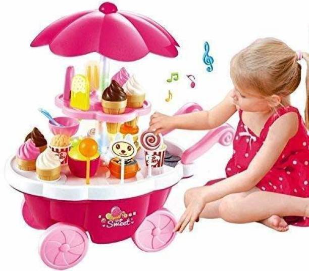 HIM TAX Sweet Shop Ice Cream Cart Mini Pretend Play Toy for Kids Without Lights & Music (Multi Color Ice Cream Cart)