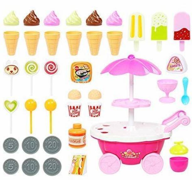 HIM TAX Ice Cream Toy Cart Play Set for Kids 39 Piece Pretend Play Food - Ice-Cream Trolley Truck Without Music & Lighting - Great Gift for Girls and Boys Ages 3 - 12 Years Old (Ultra Pink)