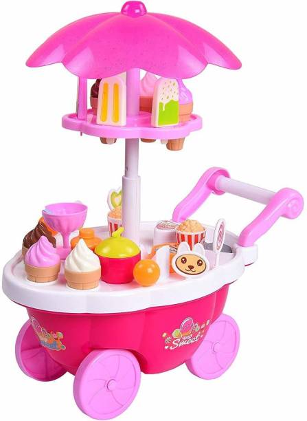 HIM TAX Cream set toy, Kitchen Play Cart Kitchen Set Toy with Lights and Music, sweet shop Cart (39 Pcs) toy for kids