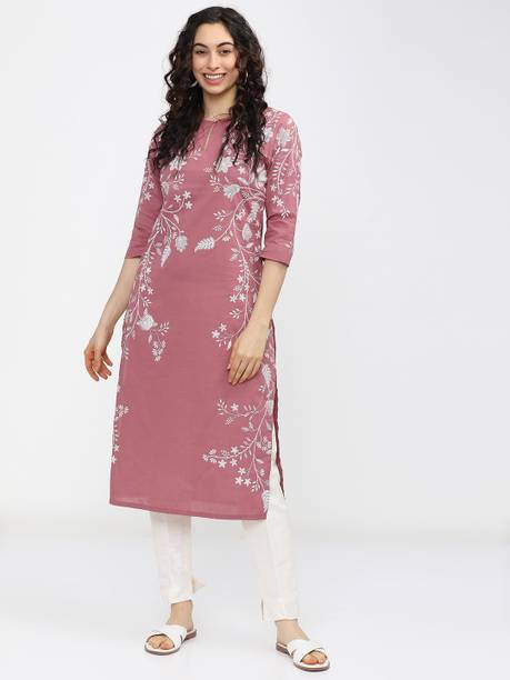 Vishudh Women Printed Pure Cotton Straight Kurta (Pink)
