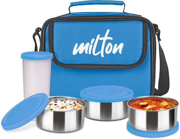 मिल्टन New Steel Combi Lunch Box, 3 Containers and 1 Tumbler with Jacket, Set of 4, Cyan 4 कंटेनर लंच बॉक्स