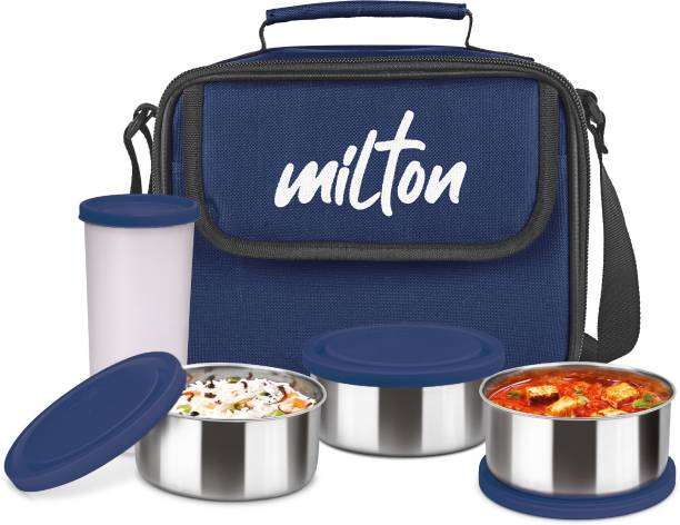 MILTON New Steel Combi,3 Containers and 1 Tumbler with Jacket, Blue 4 Containers Lunch Box