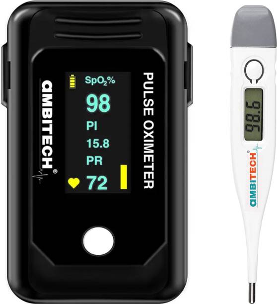 AMBITECH High Accuracy Fingertip Pulse Oximeter, SpO2, Perfusion Index with OLED Display and free Digital Thermometer (Made in India-Black) (1 Year Warranty) Health Care Appliance Combo