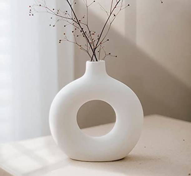purezento White Ceramic Donut Vase Minimalist Style Decoration for Centerpieces, Kitchen, Office or Living Room, White Modern Decorative Vases for Home Decor (Small 8 inches) Ceramic Vase