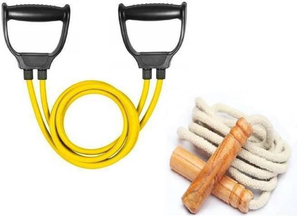 EMMKITZ Double Resistance Band withHigh Quality Wooden Handle Jumping Skipping Rope Resistance Tube