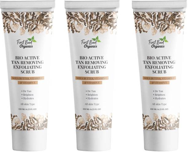 First Bud Organics Bio Active Tan Removal Scrub with Shea Butter, Vitamin C and Vitamin E for Brightening and Lightening , Unisex Scrub (120g X 3 Tube), Pack Of 3 Scrub
