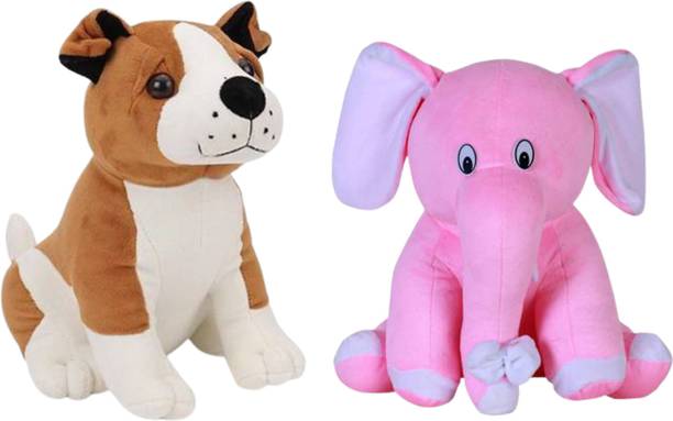 Toyhaven Adorable combo set of 2 super cute stuffed animals for kids and special occasions /BULLDOG and SITTING ELEPHANT/ soft toys for gifting, birthdays and anniversaries  - 25 cm