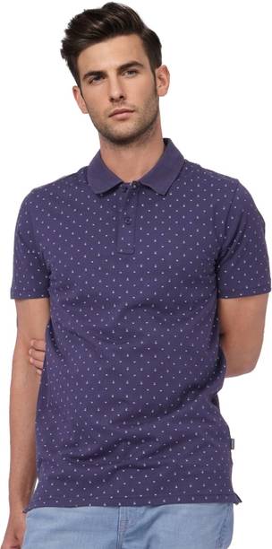 Men Printed Polo Neck Pure Cotton Navy Blue T-Shirt