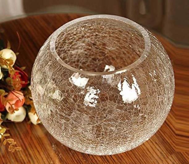AGAMI Premium Crackle design Mercury Glass Clear Round Bowl, Rose Bowl Pot Vase for Flowers and plants, Home decoration, drawing room, office, Hotel decoration, Perfect for Marriage and house warming gifts Glass Vase