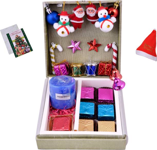 MANTOUSS Christmas Themed Chocolate Gift Box/ Christmas Gift Box+ 1 Scented Candle + Christmas Card + Christmas Tree Decoration Set + Santa Cap Paper, Plastic, Cotton Gift Box
