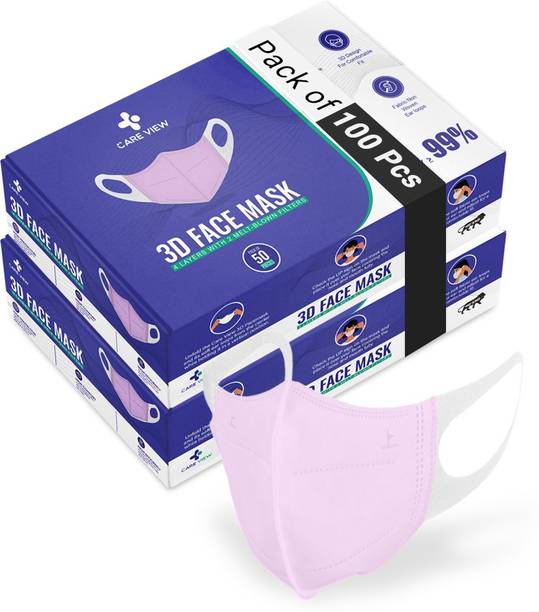 Care View 3D Reusable Face Mask with 4 Layered Filtration certified & Incredibly Soft Spandex Non Woven Fabric Ear loop(BABY PINK, PACK OF 100) 3D