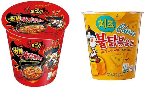 Samyang Hot Chicken 2X Spicy Buldak Cup Noodle,70gm (PK1) &Cheese Hot Chicken Flavour Raman Cup Noodles, 70mg PK1 (Pack Of 2) 140gm (Combo pack ) Imported Cup Noodles Non-vegetarian