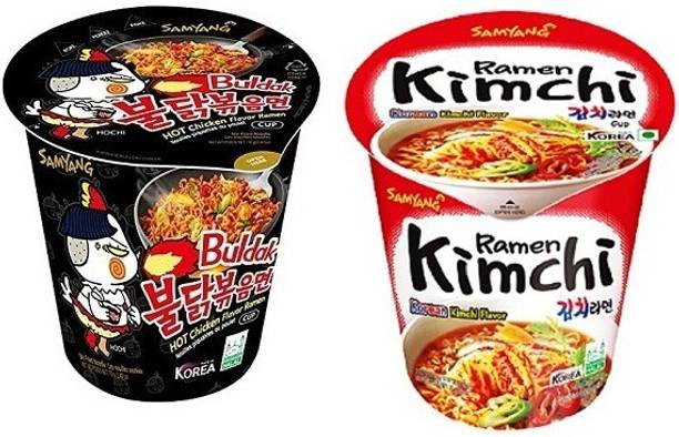Samyang Buldak Stirefried & Kimchi Hot Chicken Flavour Raman Cup Noodles, 70Gm*2 Pack (Pack of 2) (Imported)140Gm Cup Noodles Non-vegetarian