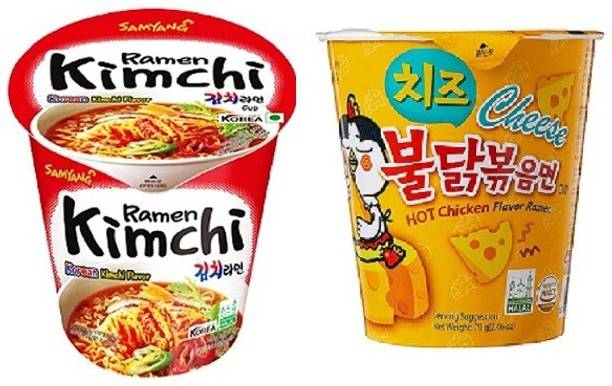 Samyang Buldak Cheese& Kimchi Hot Chicken Flavour Raman Cup Noodles, 70Gm*2 Pack (Pack of 2) (Imported)140Gm Cup Noodles Non-vegetarian