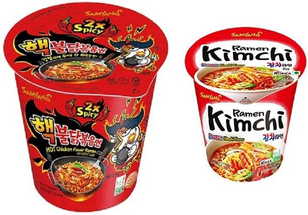Samyang Hot Chicken 2X Spicy Buldak Cup Noodle,70gm (PK1) & Kimchi Hot Chicken Flavour Raman Cup Noodles, 70mg PK1 (Pack Of 2) 140gm (Combo pack ) Imported Cup Noodles Non-vegetarian