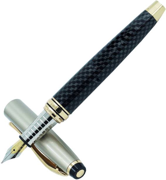 auteur Zeus Premium Black & Grey Carban Fiber Finish P Best Writing Medium Nib With Refillable Ink Pump Converter & Golden Trims Fountain Pen