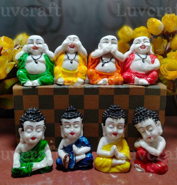 Luvcraft Set of 8 Baby Buddha and Laughing Buddha Figurines for Home Decor, Vaastu Decor Decorative Showpiece - 8 cm