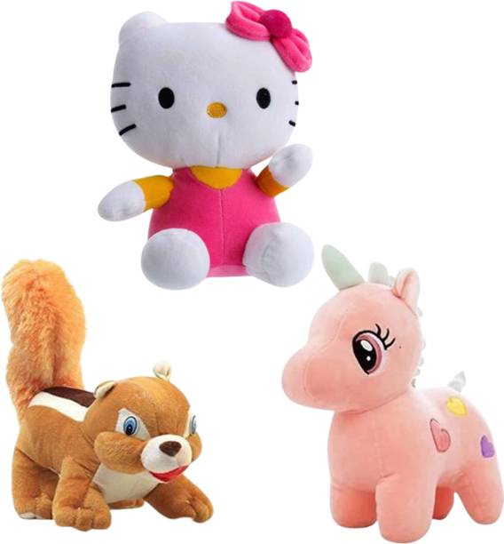 Toyhaven Special and premium combo pack of adorable stuffed toys/HELLO KITTY, UNICORN and SQUIRREL/plush toys for kids, birthdays ,gifting and special occasions  - 25 cm