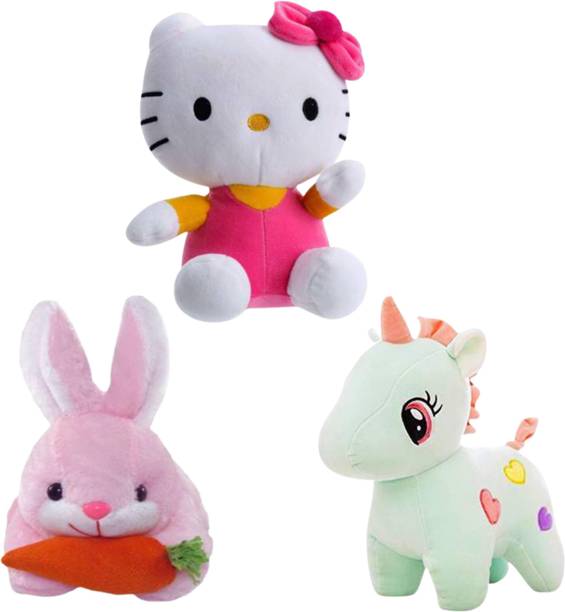 Toyhaven Special pack of 3 adorable plush toys / Hello Kitty, Rabbit and Unicorn/ stuffed toys for kids, birthdays, anniversaries, gifting and decoration  - 25 cm