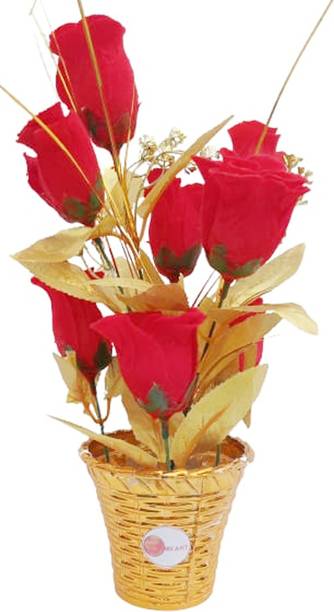 MiiArt Artificial Flower with Pot for Home Decor( Color-Golden ad red)(Material-Plastic)(size-14 inch,Large) Pack of 1 Set. Gold, Red Rose Artificial Flower  with Pot
