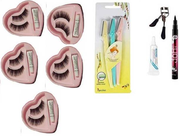 Lusty soul Best Eye combo Beauty 5 Pair False Eyelash, Glue, Curler and 36 Hrs Black eyeliner & Tinkle Best Women face and Eyebrow Razor